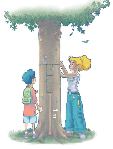 Personnages plaçant une grille sur un arbre